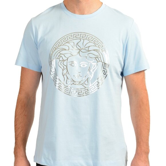 Versace Men's Blue & Silver Medusa Logo Print Short Sleeve T-Shirt US XS IT 46 - Picture 1 of 6